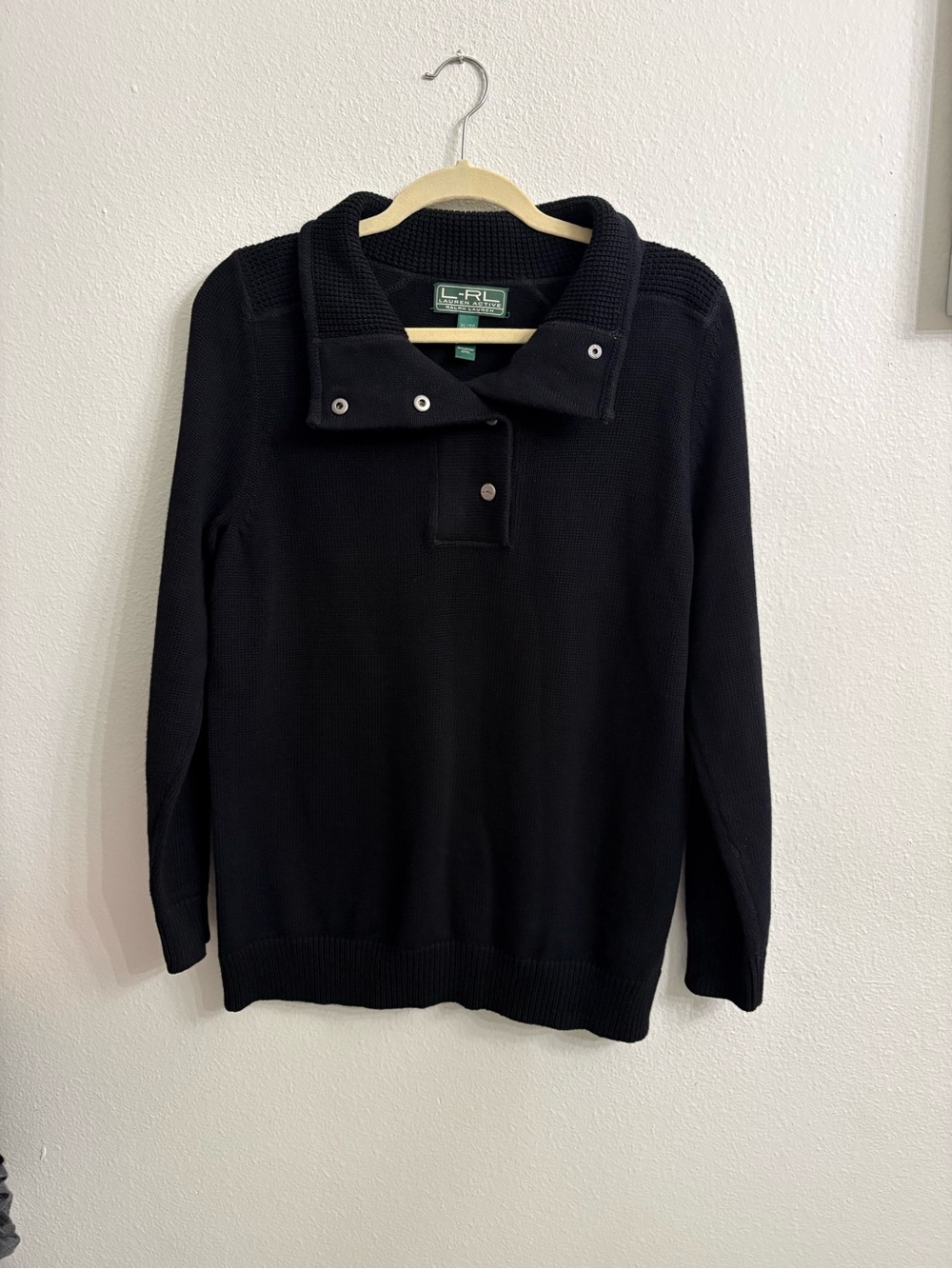 Lauren Ralph Lauren Logo Snap Collar Black Pullover Petite Sweater Sz  XL Womens